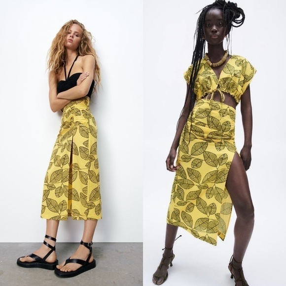 Zara Printed Linen Blend Leaf Midi Skirt Yellow Black XS NWT - Picture 9 of 10